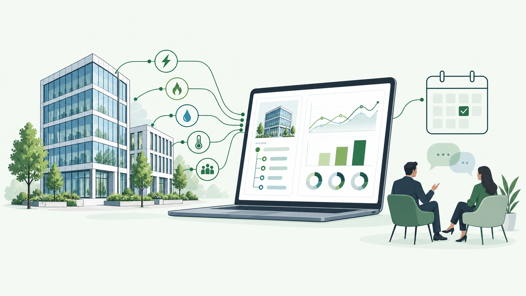 Building data flowing into a monitoring dashboard while two people plan a tailored demonstration.