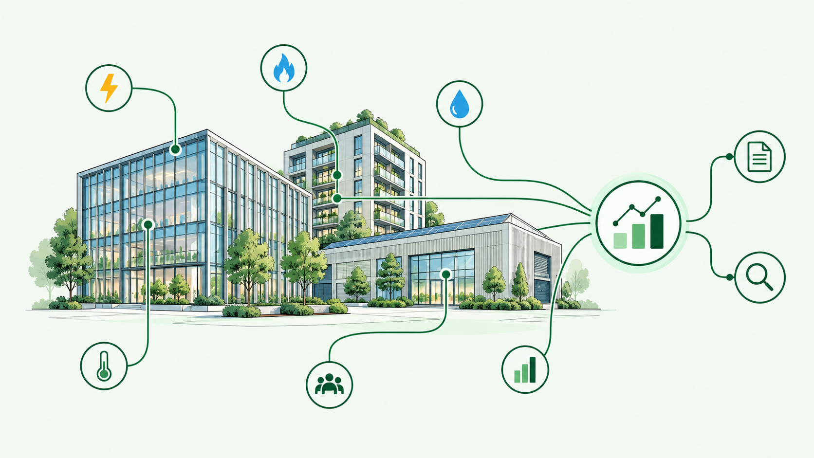 Commercial buildings connected to utility, environmental and reporting signals.