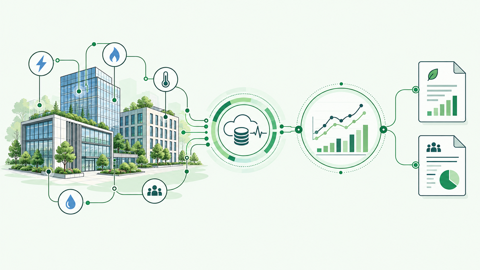 Building utility and environmental readings flowing through monitoring analysis into reports and billing records.