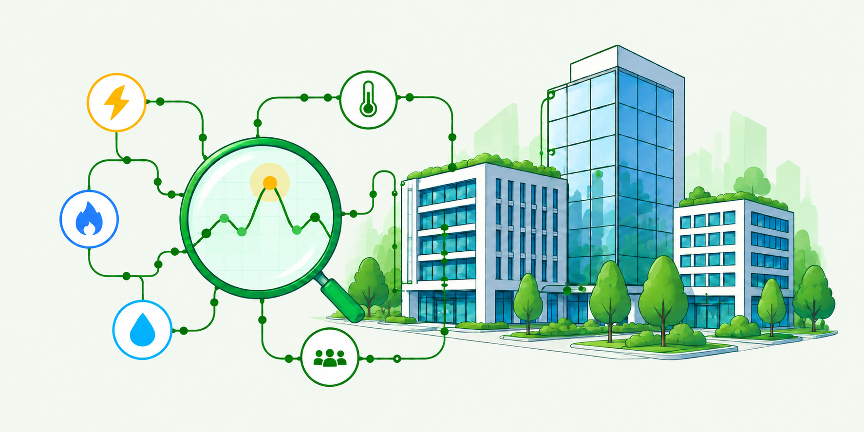 Commercial buildings connected to energy and environmental data, inspected through a monitoring dashboard.