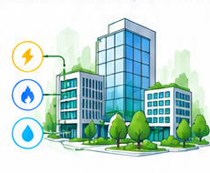 Multiple buildings connected to electricity, gas and water measurements.